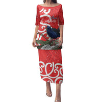 Personalized New Zealand Pukeko Christmas Family Matching Puletasi and Hawaiian Shirt Meri Kirihimete Taniko Ponga Koru Red LT14 Mom's Dress Red - Polynesian Pride