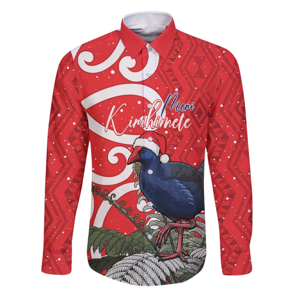 Personalized New Zealand Pukeko Christmas Family Matching Short Sleeve Bodycon Dress and Hawaiian Shirt Meri Kirihimete Taniko Ponga Koru Red LT14 Dad's Shirt - Long Sleeve Red - Polynesian Pride