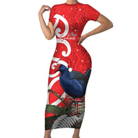Personalized New Zealand Pukeko Christmas Family Matching Short Sleeve Bodycon Dress and Hawaiian Shirt Meri Kirihimete Taniko Ponga Koru Red LT14 Mom's Dress Red - Polynesian Pride