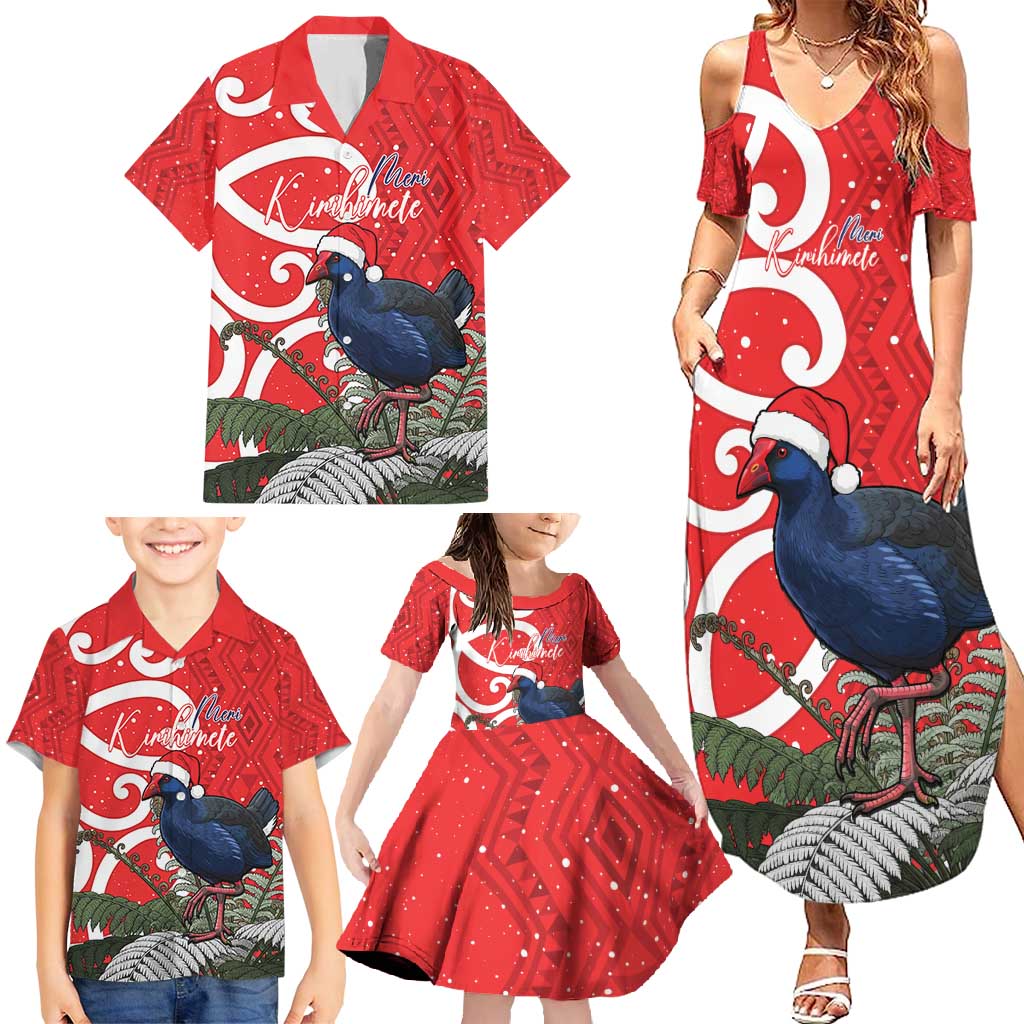 Personalized New Zealand Pukeko Christmas Family Matching Summer Maxi Dress and Hawaiian Shirt Meri Kirihimete Taniko Ponga Koru Red LT14 - Polynesian Pride