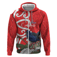 Personalized New Zealand Pukeko Christmas Hoodie Meri Kirihimete Taniko Ponga Koru Red LT14 Zip Hoodie Red - Polynesian Pride