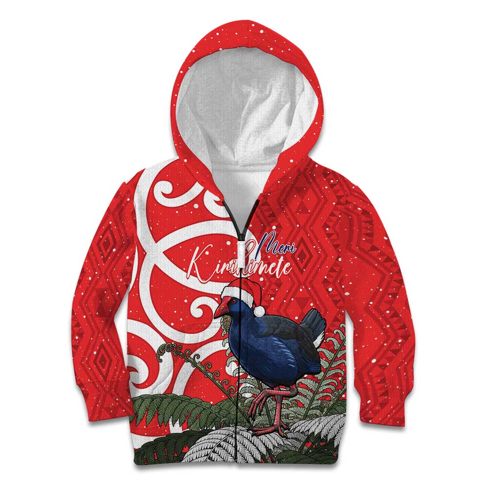 Personalized New Zealand Pukeko Christmas Kid Hoodie Meri Kirihimete Taniko Ponga Koru Red LT14 Zip Hoodie Red - Polynesian Pride