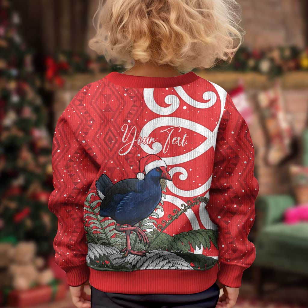 Personalized New Zealand Pukeko Christmas Kid Ugly Christmas Sweater Meri Kirihimete Taniko Ponga Koru Red LT14 - Polynesian Pride