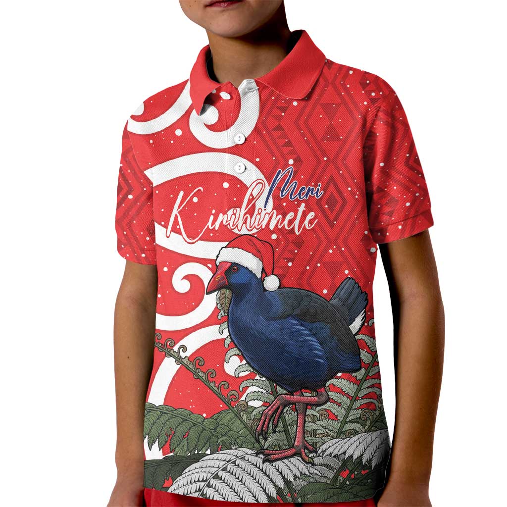 Personalized New Zealand Pukeko Christmas Kid Polo Shirt Meri Kirihimete Taniko Ponga Koru Red LT14 Kid Red - Polynesian Pride
