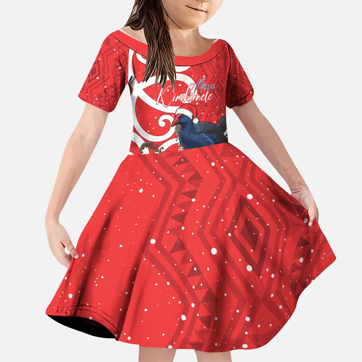 Personalized New Zealand Pukeko Christmas Kid Short Sleeve Dress Meri Kirihimete Taniko Ponga Koru Red LT14 KID Red - Polynesian Pride