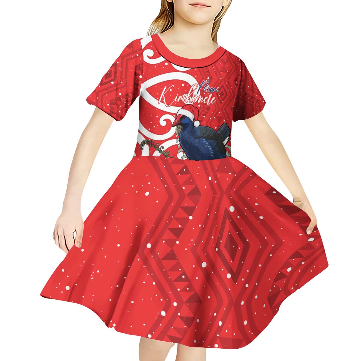 Personalized New Zealand Pukeko Christmas Kid Short Sleeve Dress Meri Kirihimete Taniko Ponga Koru Red LT14 - Polynesian Pride