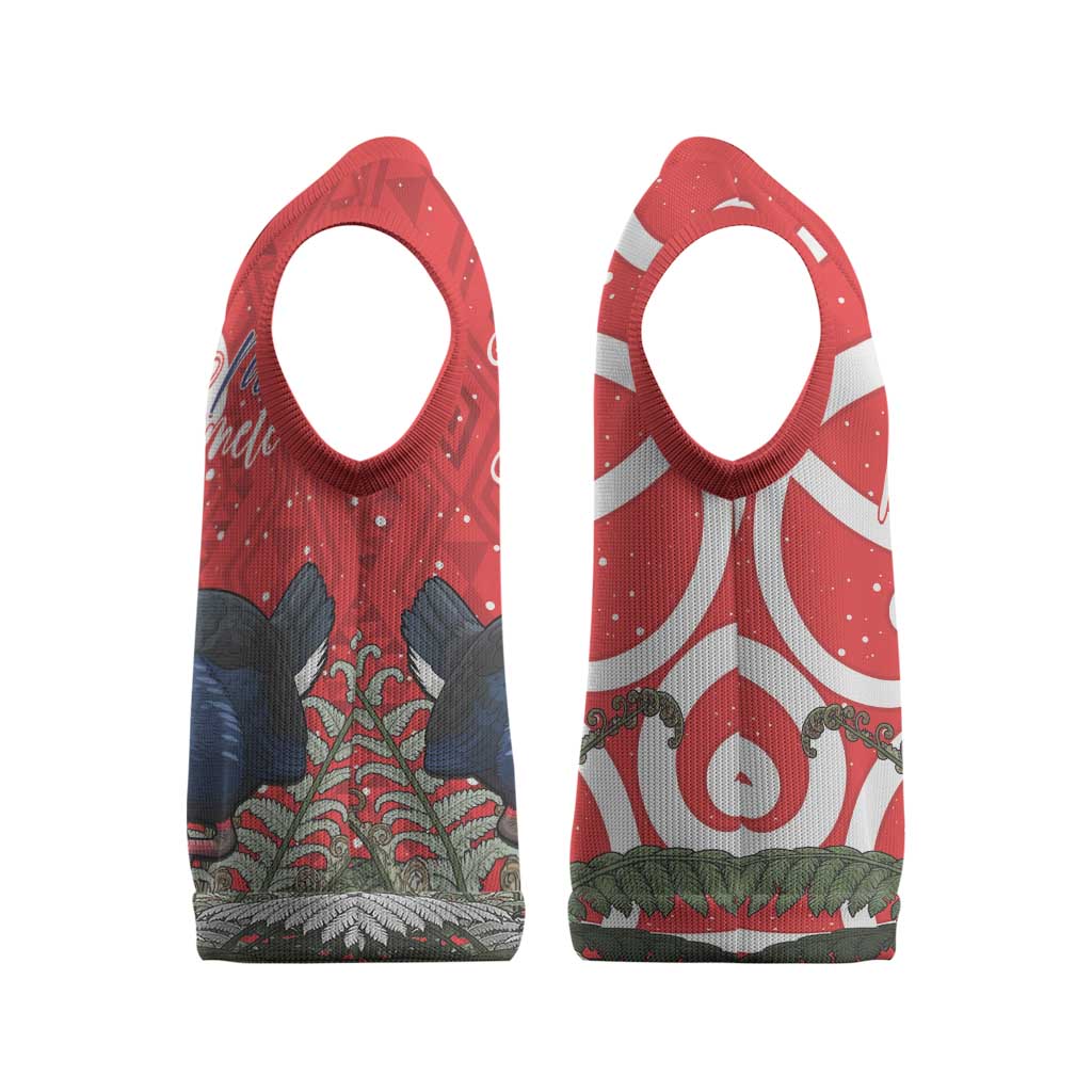 Personalized New Zealand Pukeko Christmas Knitted V-Neck Vest Meri Kirihimete Taniko Ponga Koru Red LT14 - Polynesian Pride