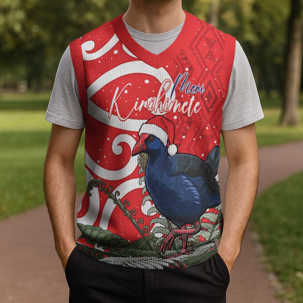 Personalized New Zealand Pukeko Christmas Knitted V-Neck Vest Meri Kirihimete Taniko Ponga Koru Red LT14 - Polynesian Pride