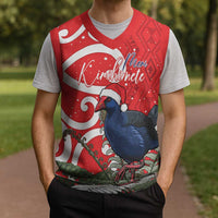 Personalized New Zealand Pukeko Christmas Knitted V-Neck Vest Meri Kirihimete Taniko Ponga Koru Red LT14 - Polynesian Pride