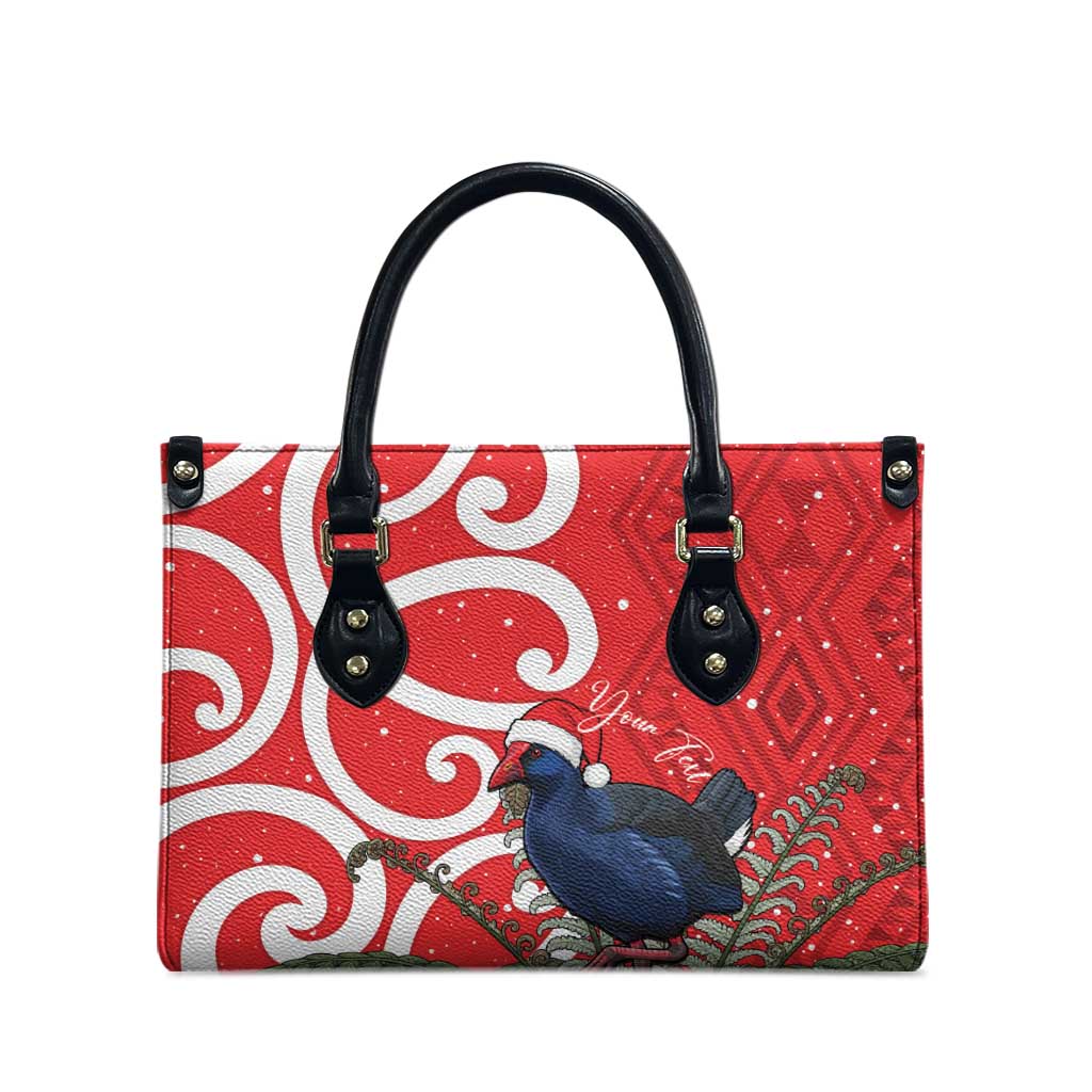 Personalized New Zealand Pukeko Christmas Leather Bag Meri Kirihimete Taniko Ponga Koru Red - Polynesian Pride