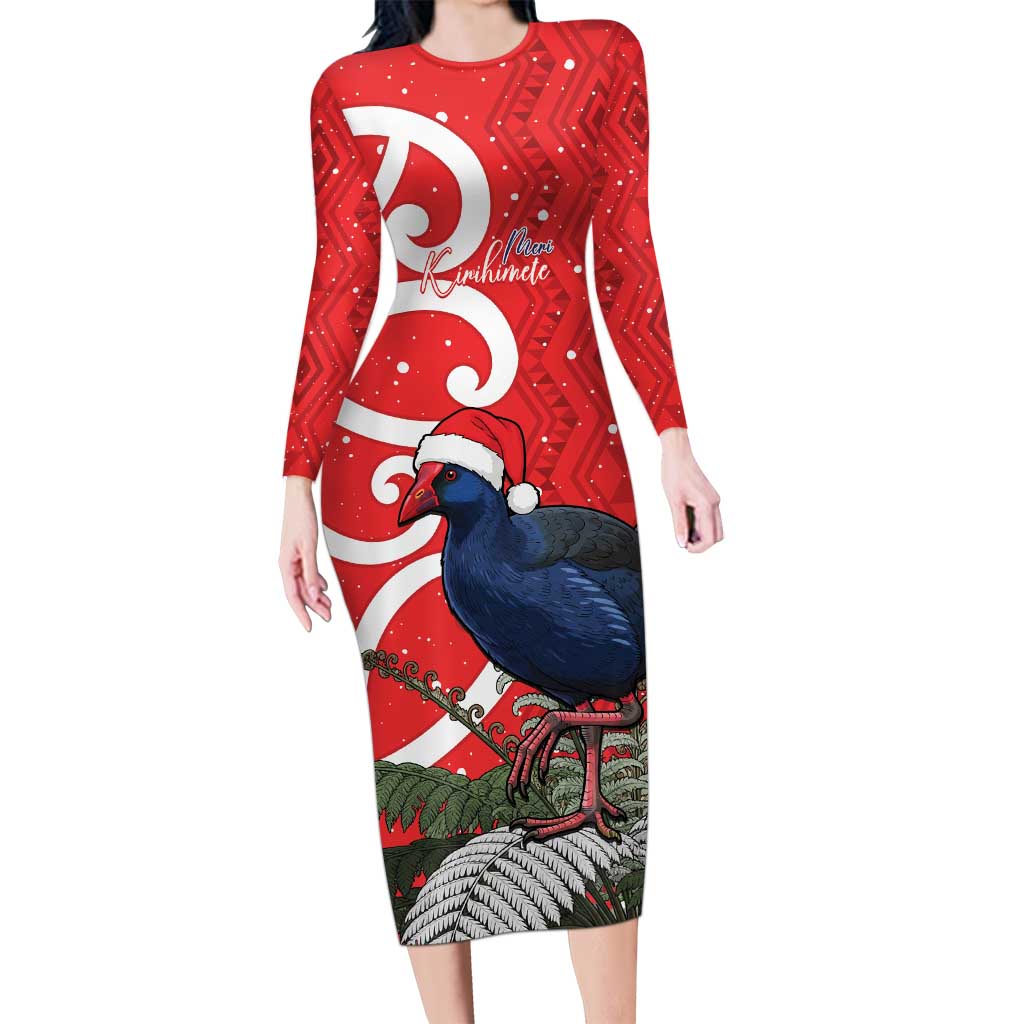 Personalized New Zealand Pukeko Christmas Long Sleeve Bodycon Dress Meri Kirihimete Taniko Ponga Koru Red LT14 Long Dress Red - Polynesian Pride