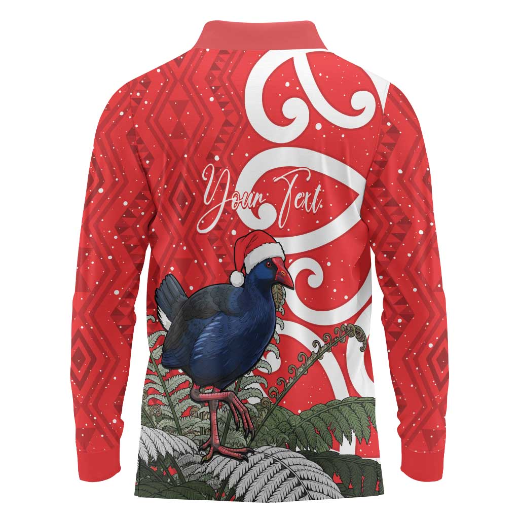 Personalized New Zealand Pukeko Christmas Long Sleeve Polo Shirt Meri Kirihimete Taniko Ponga Koru Red LT14 - Polynesian Pride