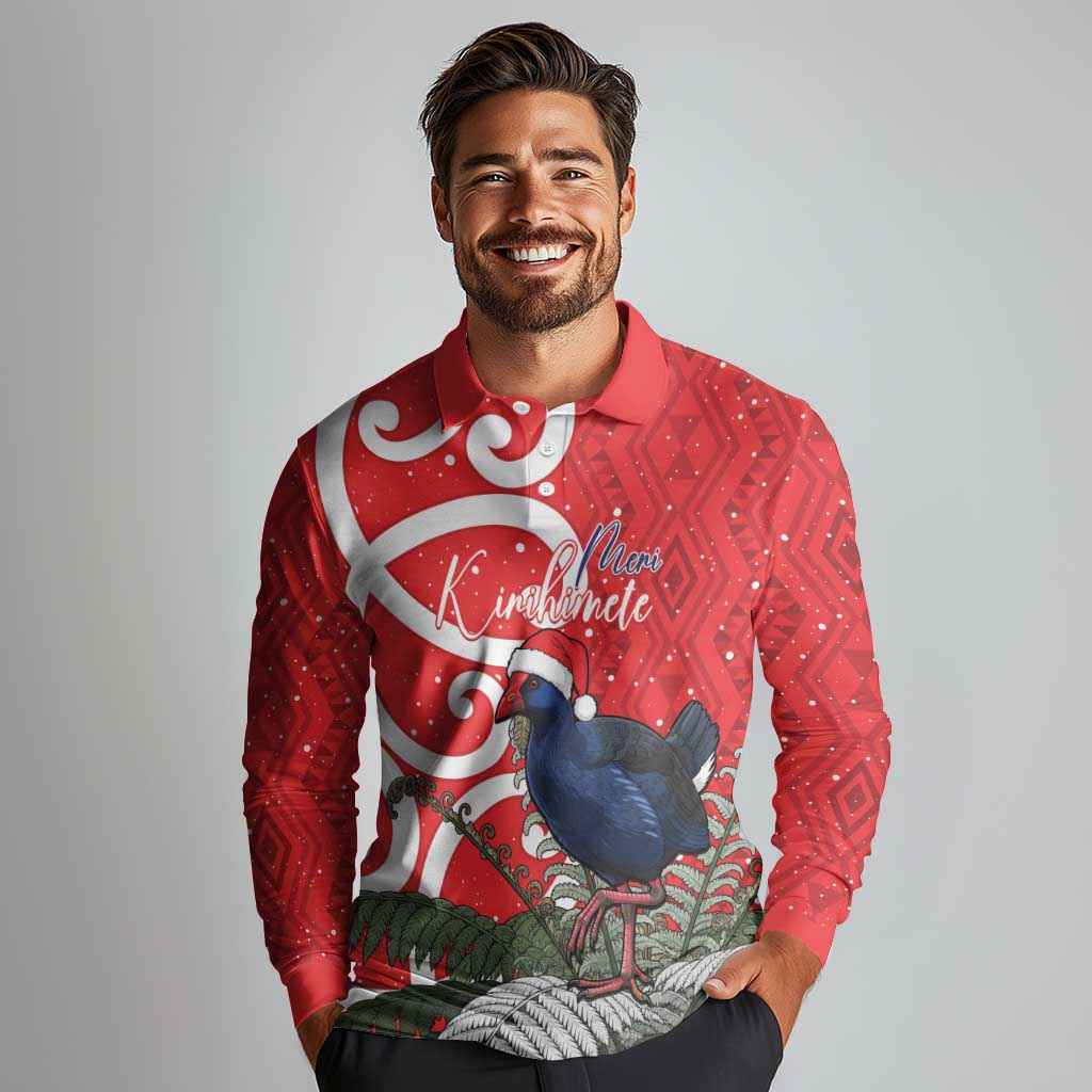 Personalized New Zealand Pukeko Christmas Long Sleeve Polo Shirt Meri Kirihimete Taniko Ponga Koru Red LT14 - Polynesian Pride