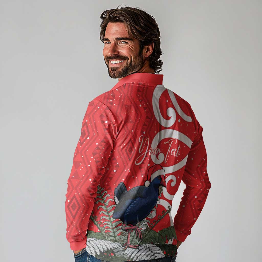 Personalized New Zealand Pukeko Christmas Long Sleeve Polo Shirt Meri Kirihimete Taniko Ponga Koru Red LT14 - Polynesian Pride