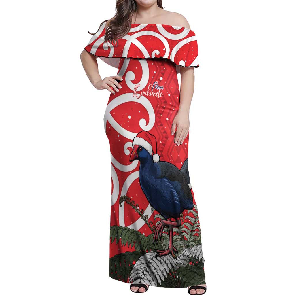 Personalized New Zealand Pukeko Christmas Off Shoulder Maxi Dress Meri Kirihimete Taniko Ponga Koru Red LT14 Women Red - Polynesian Pride