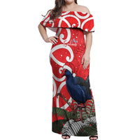 Personalized New Zealand Pukeko Christmas Off Shoulder Maxi Dress Meri Kirihimete Taniko Ponga Koru Red LT14 Women Red - Polynesian Pride