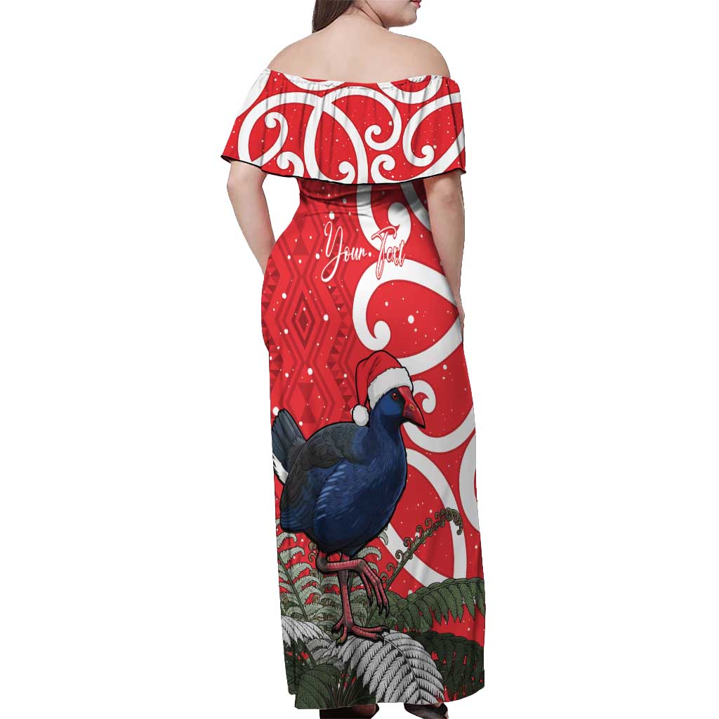 Personalized New Zealand Pukeko Christmas Off Shoulder Maxi Dress Meri Kirihimete Taniko Ponga Koru Red LT14 - Polynesian Pride