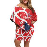 Personalized New Zealand Pukeko Christmas Off Shoulder Short Dress Meri Kirihimete Taniko Ponga Koru Red LT14 Women Red - Polynesian Pride