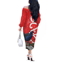 Personalized New Zealand Pukeko Christmas Off The Shoulder Long Sleeve Dress Meri Kirihimete Taniko Ponga Koru Red LT14 - Polynesian Pride