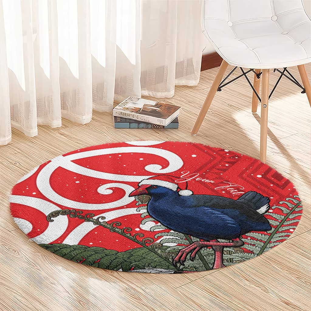 Personalized New Zealand Pukeko Christmas Round Carpet Meri Kirihimete Taniko Ponga Koru Red - Polynesian Pride