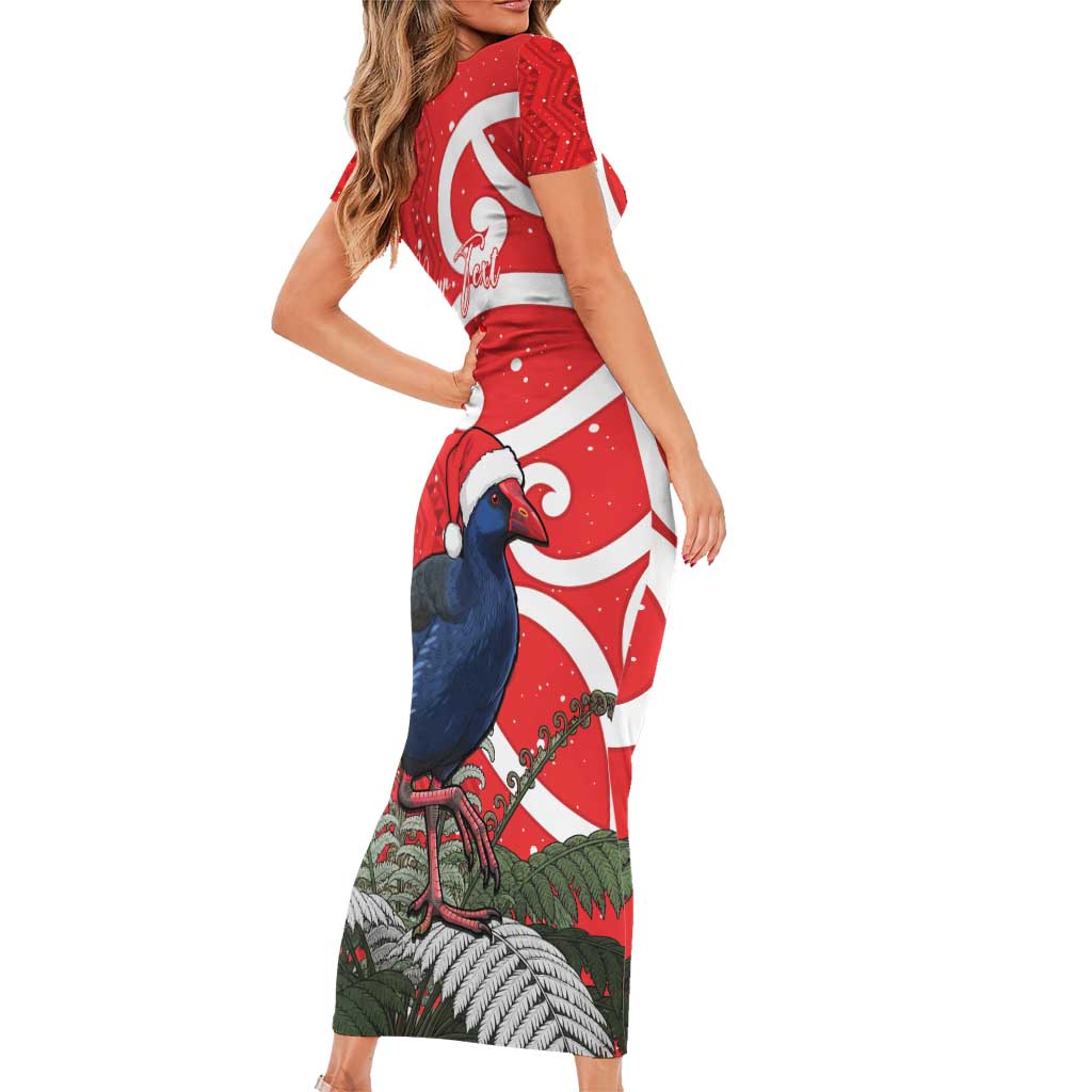 Personalized New Zealand Pukeko Christmas Short Sleeve Bodycon Dress Meri Kirihimete Taniko Ponga Koru Red LT14 - Polynesian Pride
