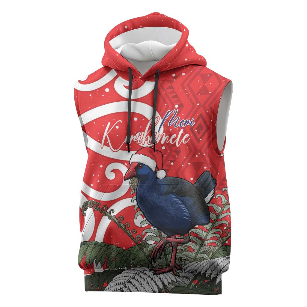 Personalized New Zealand Pukeko Christmas Sleeveless Hoodie Meri Kirihimete Taniko Ponga Koru Red LT14 Red - Polynesian Pride
