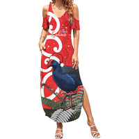 Personalized New Zealand Pukeko Christmas Summer Maxi Dress Meri Kirihimete Taniko Ponga Koru Red LT14 Women Red - Polynesian Pride