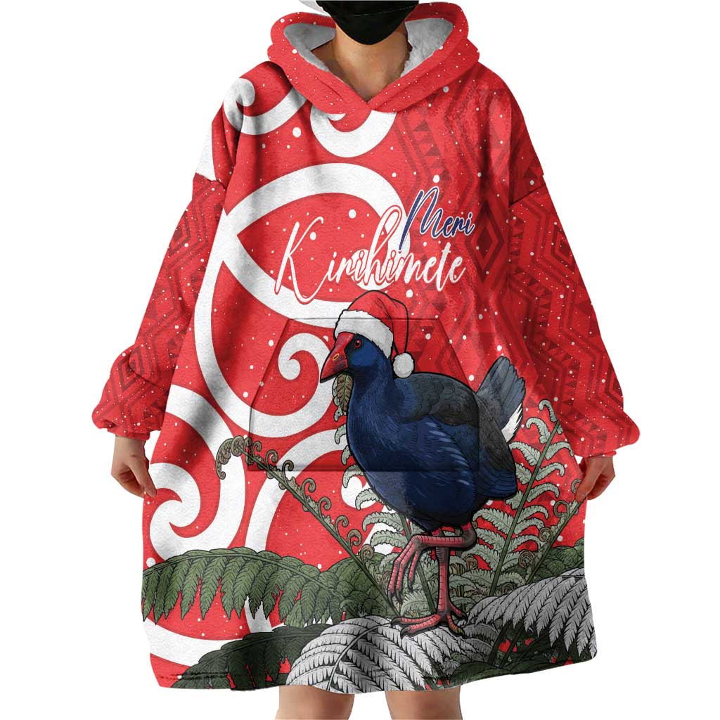 Personalized New Zealand Pukeko Christmas Wearable Blanket Hoodie Meri Kirihimete Taniko Ponga Koru Red LT14 - Polynesian Pride