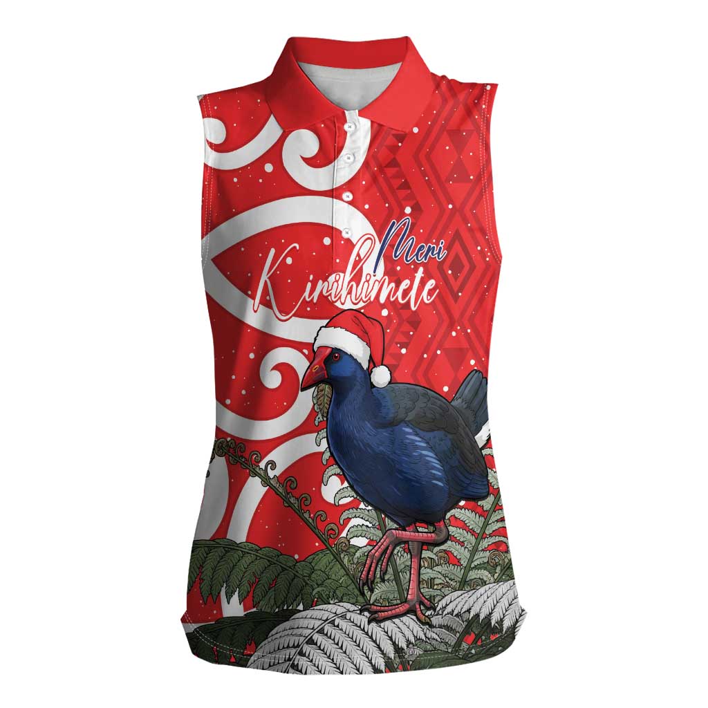 Personalized New Zealand Pukeko Christmas Women Sleeveless Polo Shirt Meri Kirihimete Taniko Ponga Koru Red LT14 Female Red - Polynesian Pride
