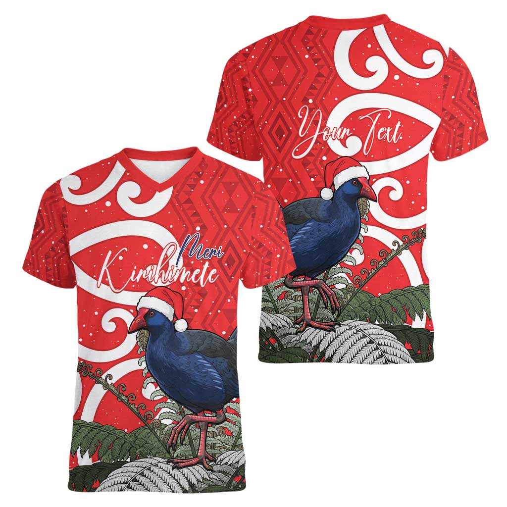 Personalized New Zealand Pukeko Christmas Women V-Neck T-Shirt Meri Kirihimete Taniko Ponga Koru Red LT14 - Polynesian Pride