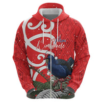 Personalized New Zealand Pukeko Christmas Zip Hoodie Meri Kirihimete Taniko Ponga Koru Red LT14 - Polynesian Pride