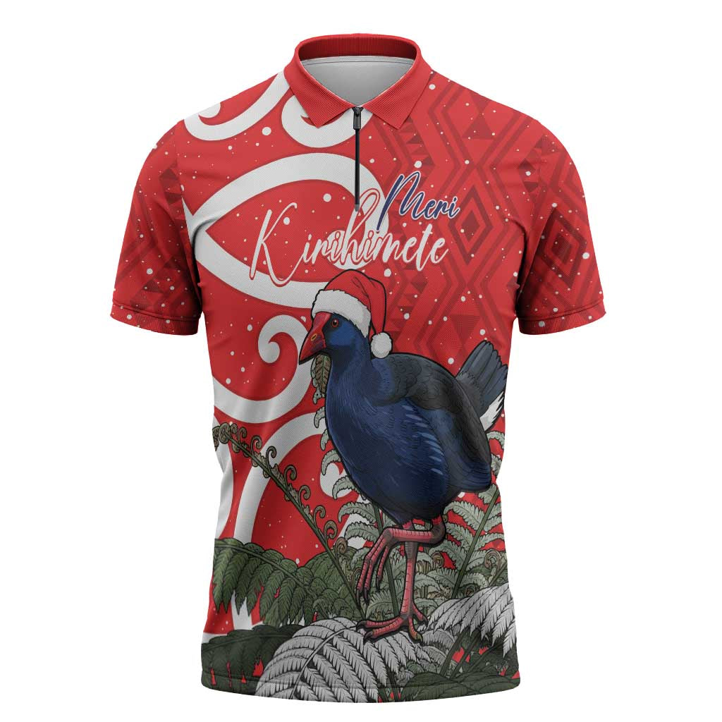 Personalized New Zealand Pukeko Christmas Zipper Polo Shirt Meri Kirihimete Taniko Ponga Koru Red LT14 Red - Polynesian Pride