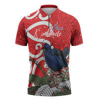Personalized New Zealand Pukeko Christmas Zipper Polo Shirt Meri Kirihimete Taniko Ponga Koru Red LT14 Red - Polynesian Pride