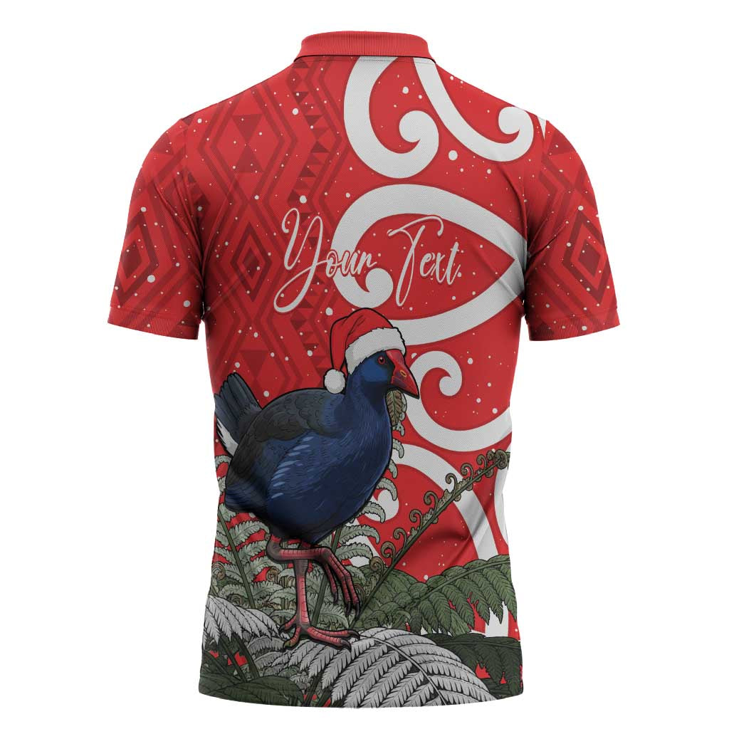 Personalized New Zealand Pukeko Christmas Zipper Polo Shirt Meri Kirihimete Taniko Ponga Koru Red LT14 - Polynesian Pride