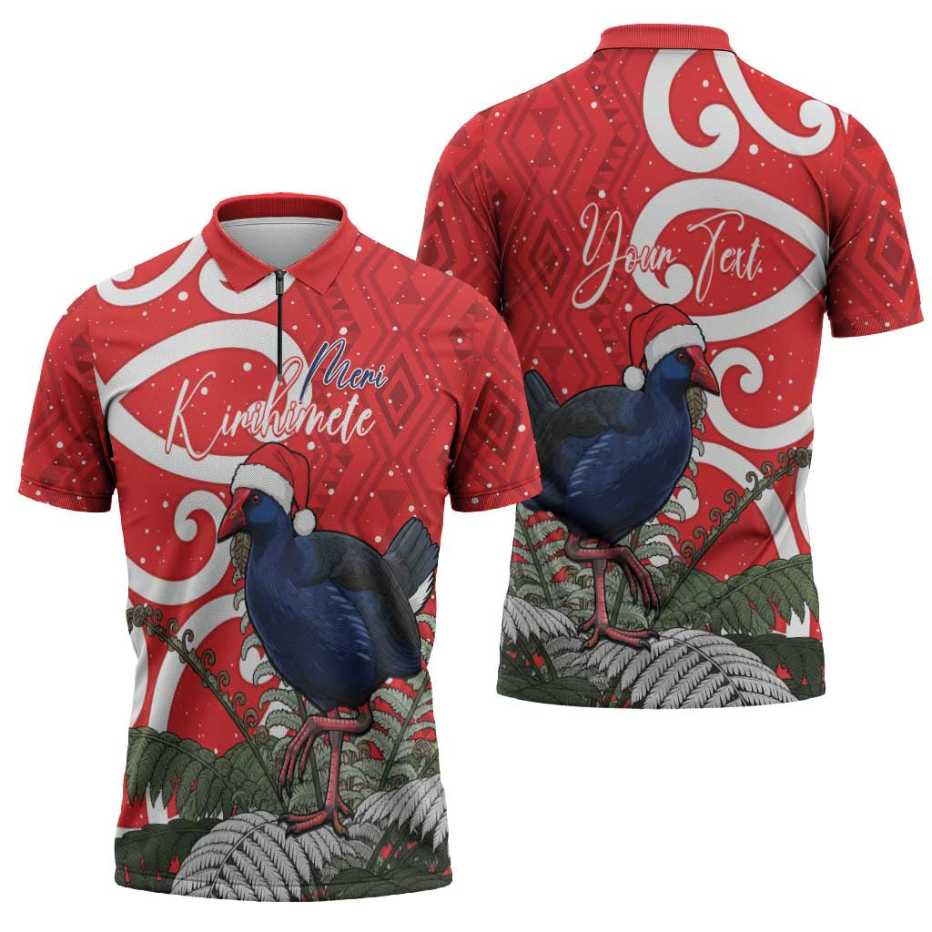 Personalized New Zealand Pukeko Christmas Zipper Polo Shirt Meri Kirihimete Taniko Ponga Koru Red LT14 - Polynesian Pride