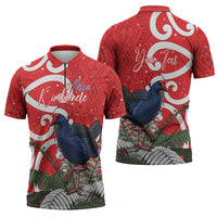 Personalized New Zealand Pukeko Christmas Zipper Polo Shirt Meri Kirihimete Taniko Ponga Koru Red LT14 - Polynesian Pride