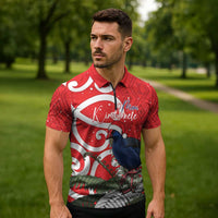 Personalized New Zealand Pukeko Christmas Zipper Polo Shirt Meri Kirihimete Taniko Ponga Koru Red LT14 - Polynesian Pride