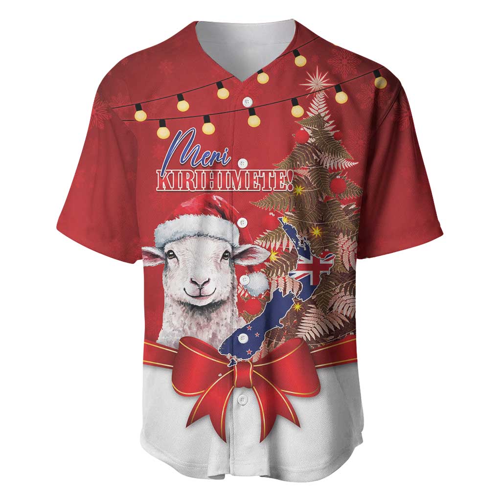Personalized New Zealand Sheep Christmas Baseball Jersey Hipi Meri Kirihimete Silver Fern Xmas Tree LT14 Red - Polynesian Pride