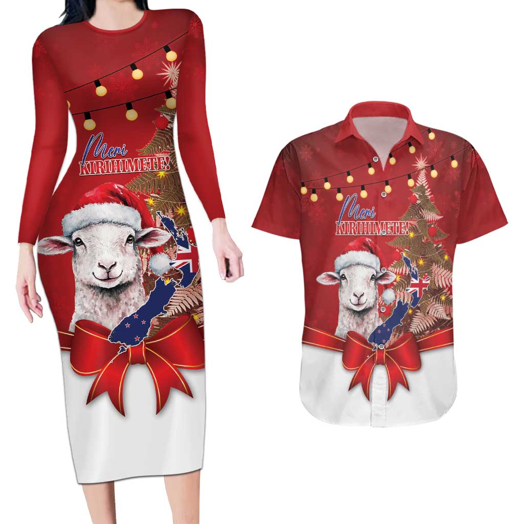 Personalized New Zealand Sheep Christmas Couples Matching Long Sleeve Bodycon Dress and Hawaiian Shirt Hipi Meri Kirihimete Silver Fern Xmas Tree LT14 Red - Polynesian Pride