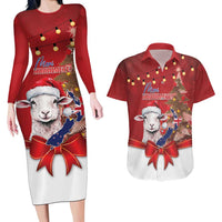 Personalized New Zealand Sheep Christmas Couples Matching Long Sleeve Bodycon Dress and Hawaiian Shirt Hipi Meri Kirihimete Silver Fern Xmas Tree LT14 Red - Polynesian Pride