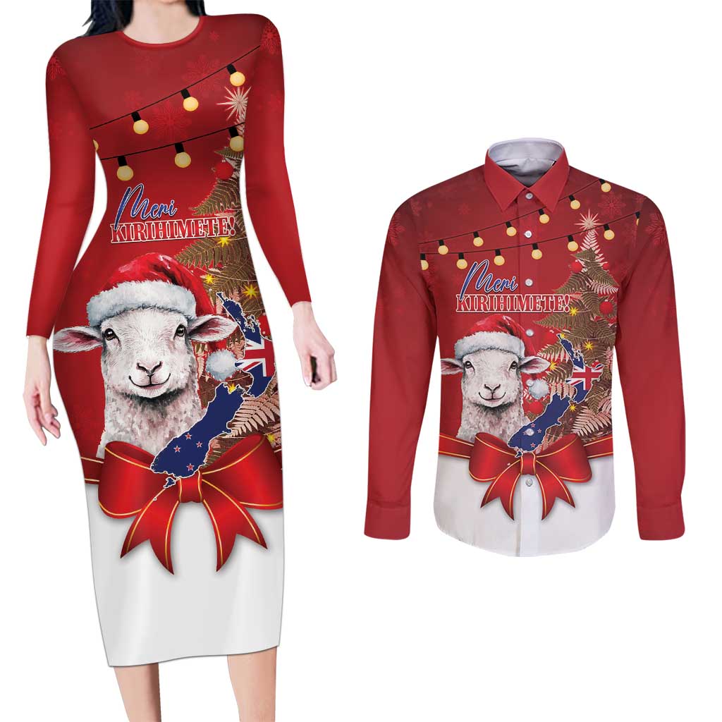 Personalized New Zealand Sheep Christmas Couples Matching Long Sleeve Bodycon Dress and Long Sleeve Button Shirt Hipi Meri Kirihimete Silver Fern Xmas Tree LT14 Red - Polynesian Pride