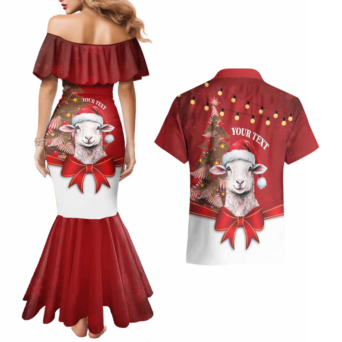 Personalized New Zealand Sheep Christmas Couples Matching Mermaid Dress and Hawaiian Shirt Hipi Meri Kirihimete Silver Fern Xmas Tree LT14 - Polynesian Pride