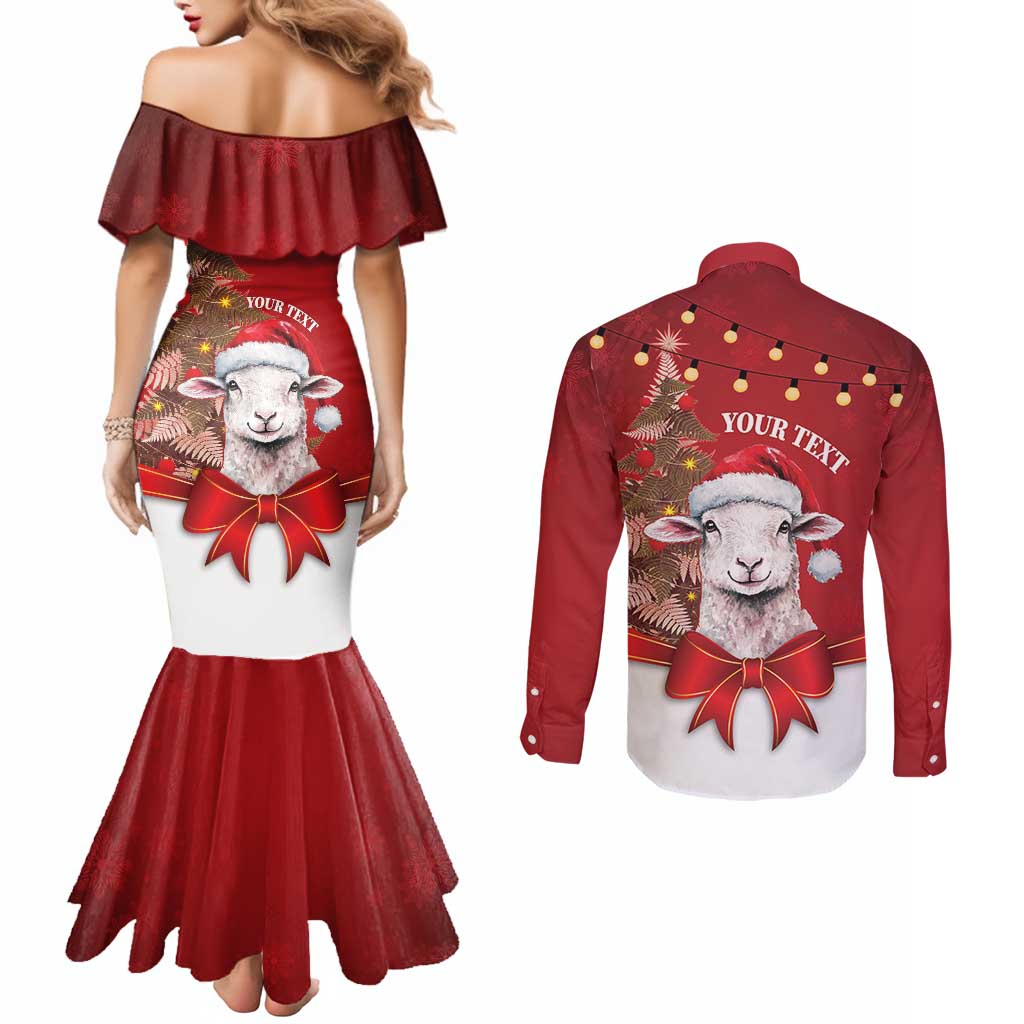 Personalized New Zealand Sheep Christmas Couples Matching Mermaid Dress and Long Sleeve Button Shirt Hipi Meri Kirihimete Silver Fern Xmas Tree LT14 - Polynesian Pride