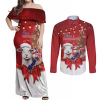 Personalized New Zealand Sheep Christmas Couples Matching Off Shoulder Maxi Dress and Long Sleeve Button Shirt Hipi Meri Kirihimete Silver Fern Xmas Tree LT14 Red - Polynesian Pride