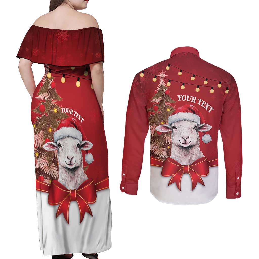 Personalized New Zealand Sheep Christmas Couples Matching Off Shoulder Maxi Dress and Long Sleeve Button Shirt Hipi Meri Kirihimete Silver Fern Xmas Tree LT14 - Polynesian Pride