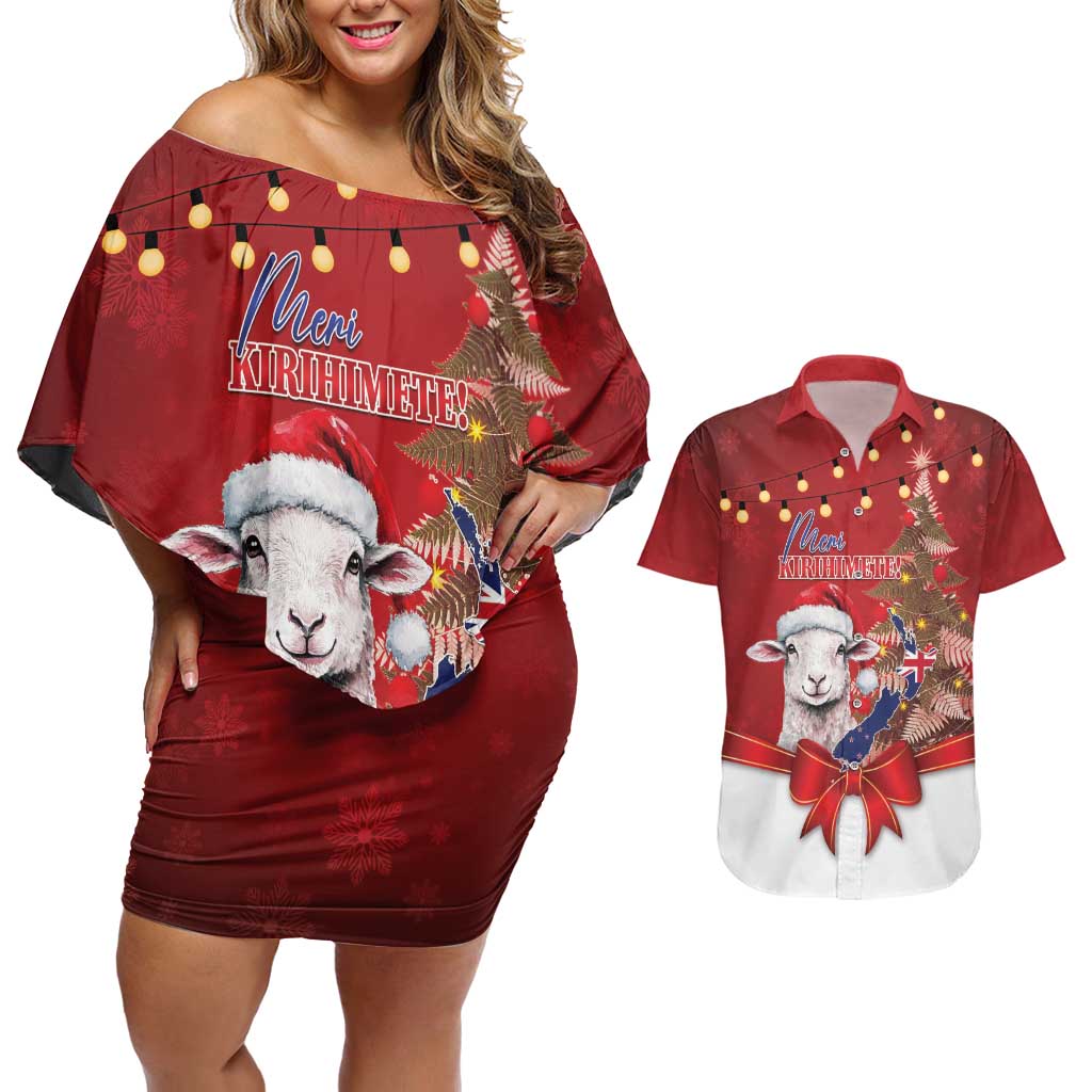 Personalized New Zealand Sheep Christmas Couples Matching Off Shoulder Short Dress and Hawaiian Shirt Hipi Meri Kirihimete Silver Fern Xmas Tree LT14 Red - Polynesian Pride