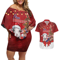 Personalized New Zealand Sheep Christmas Couples Matching Off Shoulder Short Dress and Hawaiian Shirt Hipi Meri Kirihimete Silver Fern Xmas Tree LT14 Red - Polynesian Pride