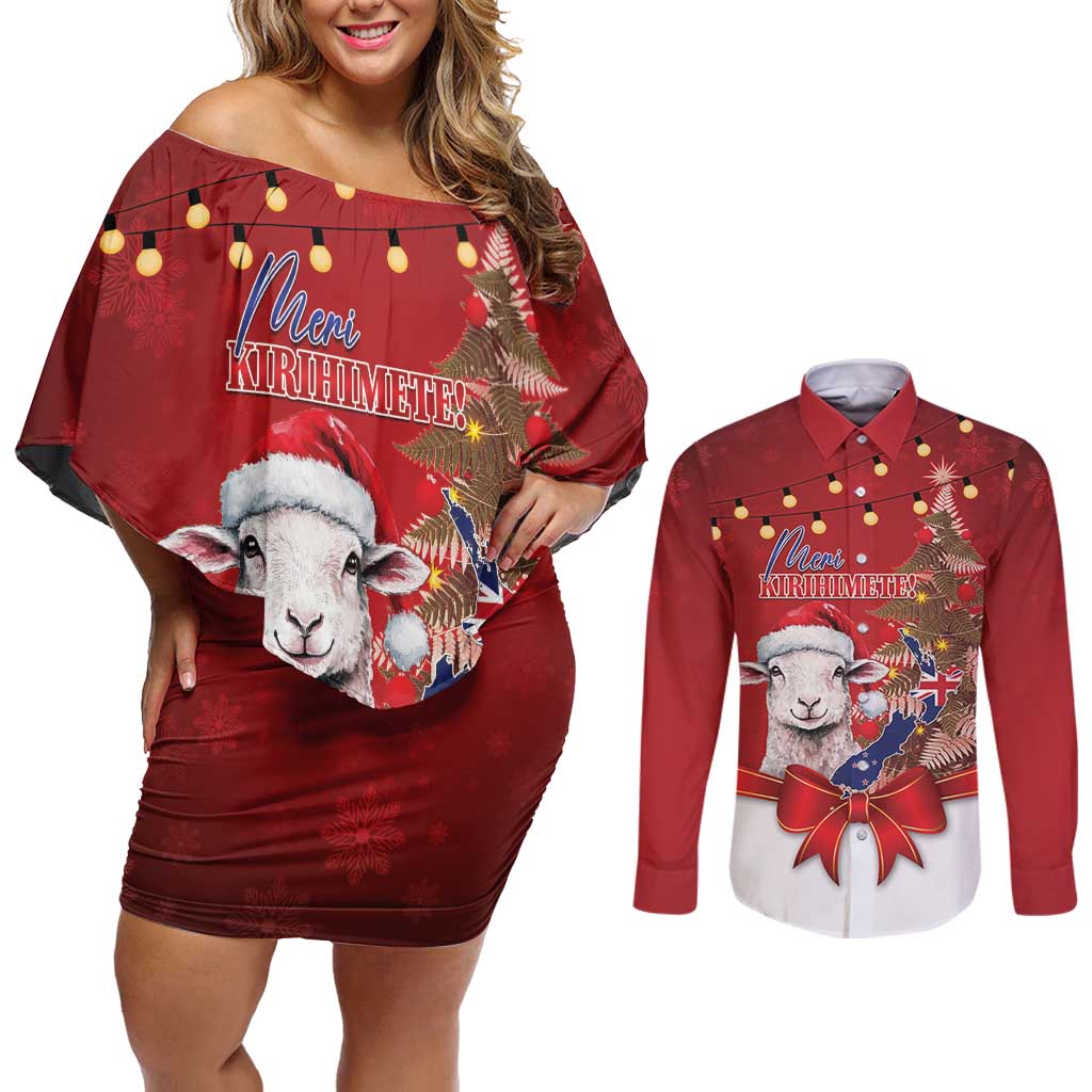 Personalized New Zealand Sheep Christmas Couples Matching Off Shoulder Short Dress and Long Sleeve Button Shirt Hipi Meri Kirihimete Silver Fern Xmas Tree LT14 Red - Polynesian Pride