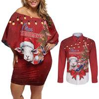 Personalized New Zealand Sheep Christmas Couples Matching Off Shoulder Short Dress and Long Sleeve Button Shirt Hipi Meri Kirihimete Silver Fern Xmas Tree LT14 Red - Polynesian Pride