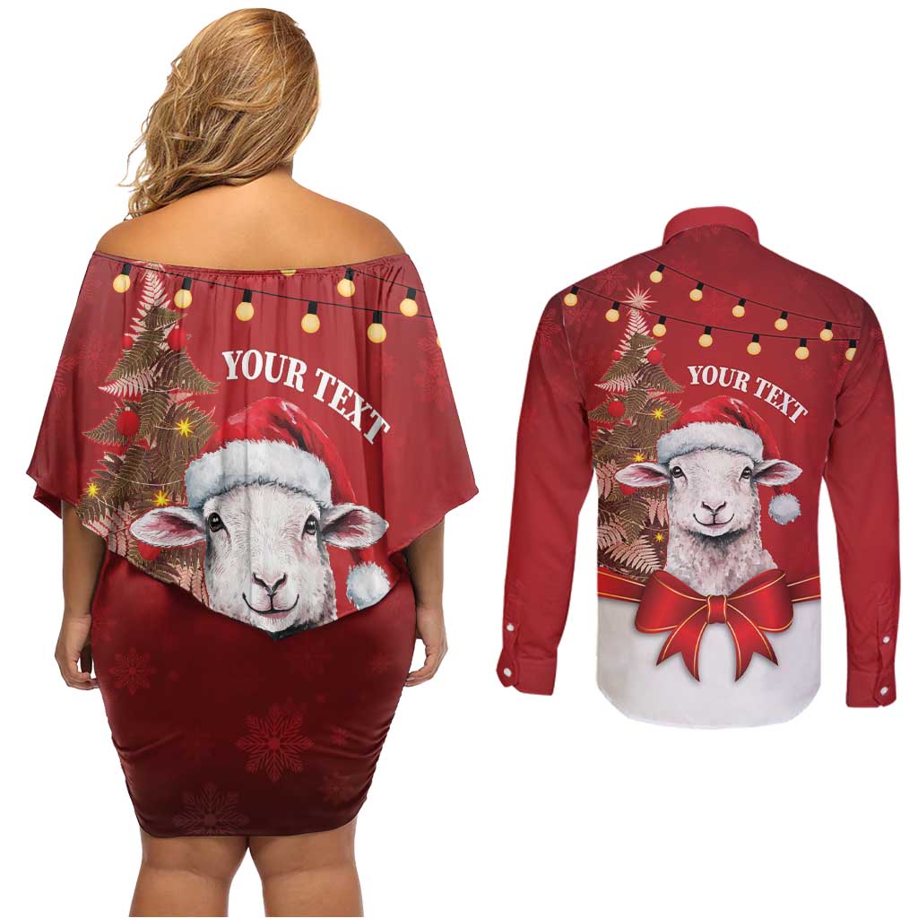 Personalized New Zealand Sheep Christmas Couples Matching Off Shoulder Short Dress and Long Sleeve Button Shirt Hipi Meri Kirihimete Silver Fern Xmas Tree LT14 - Polynesian Pride